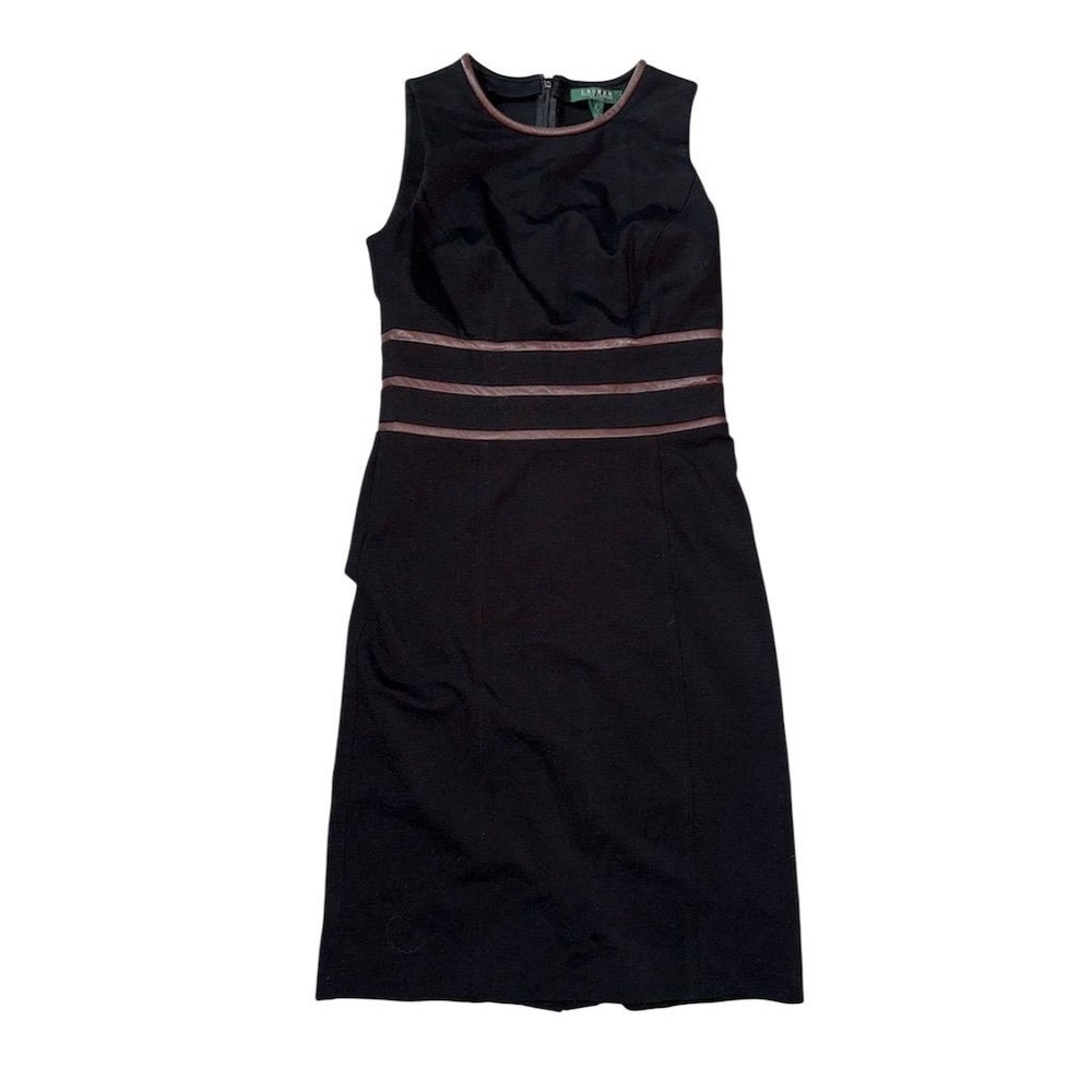 Ralph Lauren Women's Black Sheath Dress Size 4 Leather Trim equestrian old money